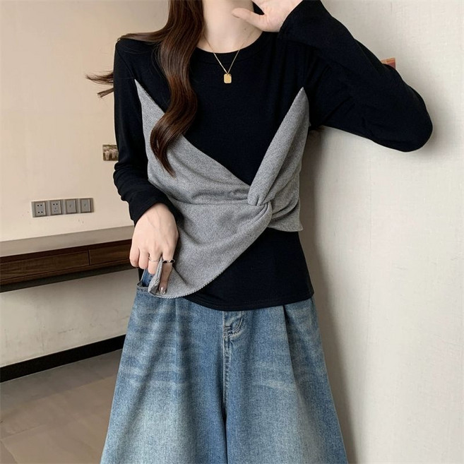 Skyciky 여성 봄 가을 독특한 디자인 긴팔 티셔츠 비대칭 슬림핏 상의 NN-39