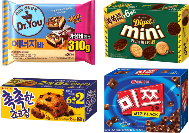 오리온 에너지바 310g + 다이제 초코 240g + 촉촉한 초코칩 160g + 미쯔 60g 4종세트