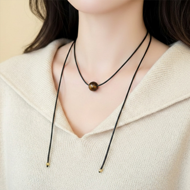 여성 유니크 내추럴 호안석 볼 구슬 가죽 매듭 목걸이 A2377