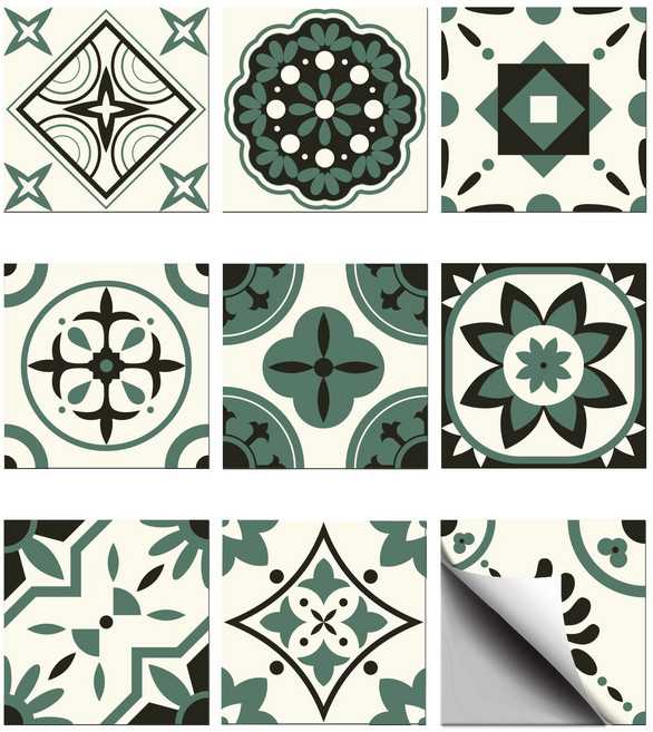 PVC 타일 시트지 세트 다양한 패턴 방수 주방 욕실 리폼 10x10cm 9가지 다른 디자인 1세트 총 36개, 다크올리브그린