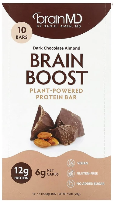 아이허브 브레인 부스트 식물성 단백질 바 다크 초콜릿 아몬드 10개 개당 50g(1.5oz), BRD00358, 50g, 1개 - 쿠팡
