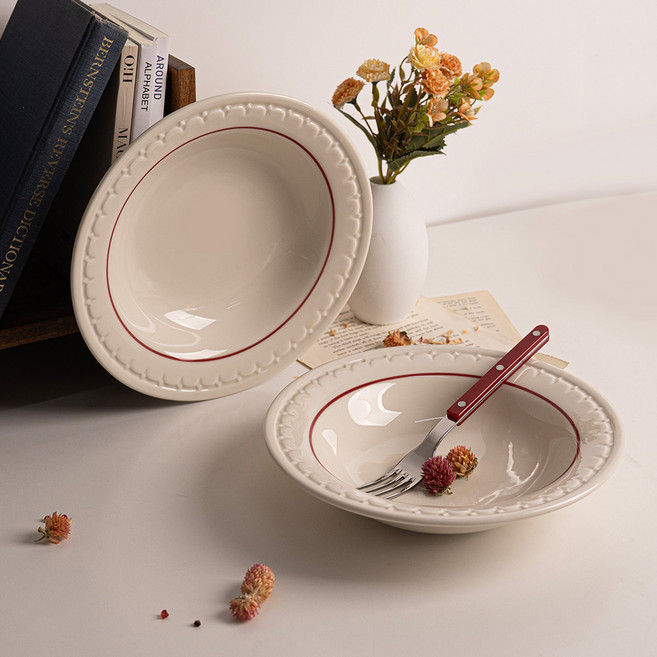 시라쿠스 쉐난고 카디날 레드 화이트 라인 빈티지 샐러드 볼 파스타 그릇, 2개