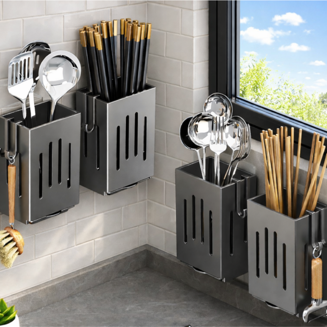 인즈홈 다양한 주방용품 정리가 쉬운 물이 빠지는 수저통, 4개, 그레이