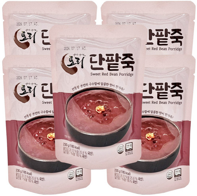 토리식품 그 옛날 단팥죽 구수하고 달콤한 100% 국산팥 전통 동지팥죽 간편죽, 5개, 230g