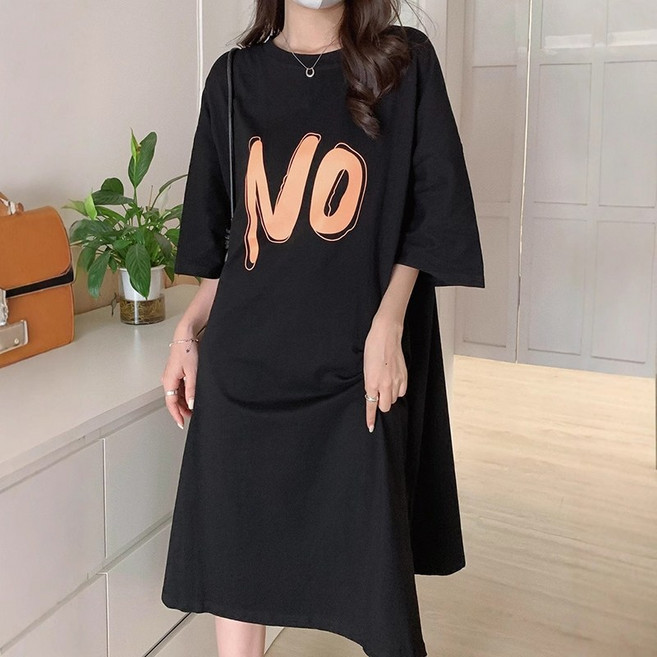CHIEMI 寬鬆五分袖T恤裙 NO字母印花 韓系街頭風 連衣裙, 黑色
