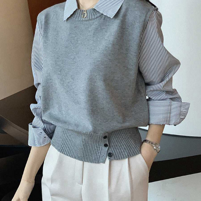 꼼스 페이크 셔츠 니트 셔츠조끼 투피스 니트 베스트 세트