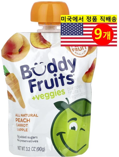 Buddy Fruits 유아용 맛있고 영양이 풍부한 과일 야채 혼합 퓌레 이유식 파우치 90g 3개, 9개, 복숭아 당근 사과 - 쿠팡