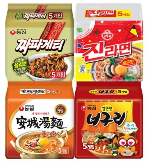 라면 4종 20개 안성탕면5+진라면5+너구리5+짜파게티5, 1세트