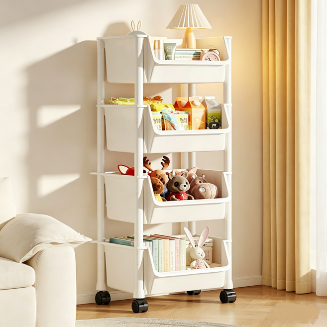 혼반홈 이동식 트롤리 U자형 선반 다용도 대용량 정리함 트롤리 보관함, 4단, 베이지