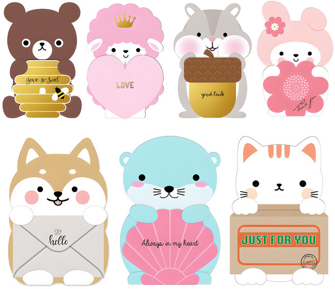 마음담아 캐리동물 접이식 엽서 카드 7p + 컬러 봉투 7p 세트, 혼합색상, 14개