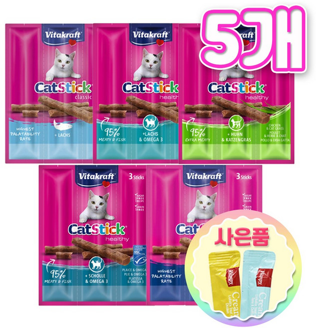 비타크래프트 고양이 캣스틱 3P 혼합맛 져키간식 + 증정고양이스틱, 18g, 5개, 5종1개씩