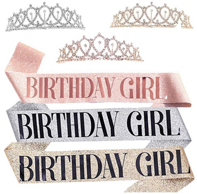 아카아카 생일 공주 어깨띠 티아라 왕관 세트 파티 소품 미스코리아띠, 실버 SET