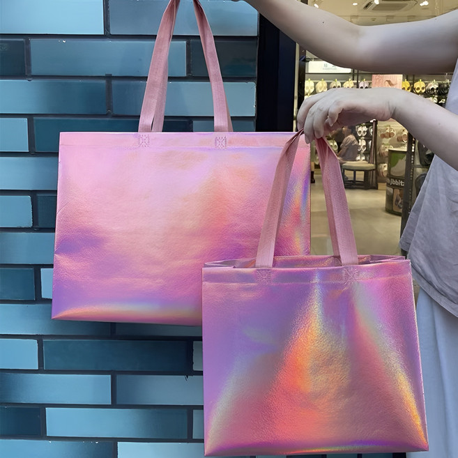 옷가게 핸드백 부직포 쇼핑백, 10개, 핑크 홀로그램 32*27*10CM