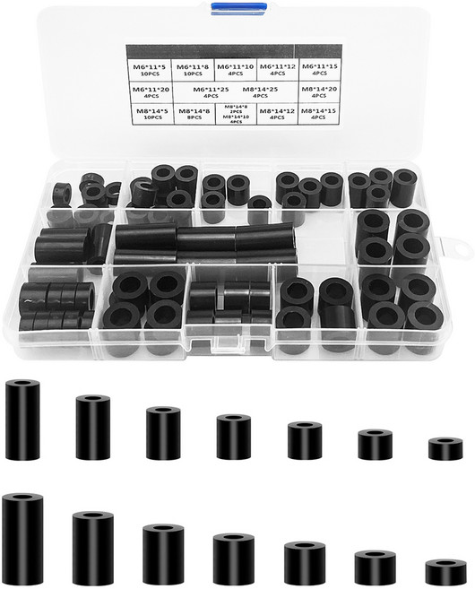 ABS 원형 와셔 조립품 절연 와셔 키트 나일론 나사 와셔 조립품 플라스틱 비나사형 스트럿 지지 와셔 나사용 여러 크기 보관 케이스 포함, 블랙 - M6.M8 - 80개, 1개