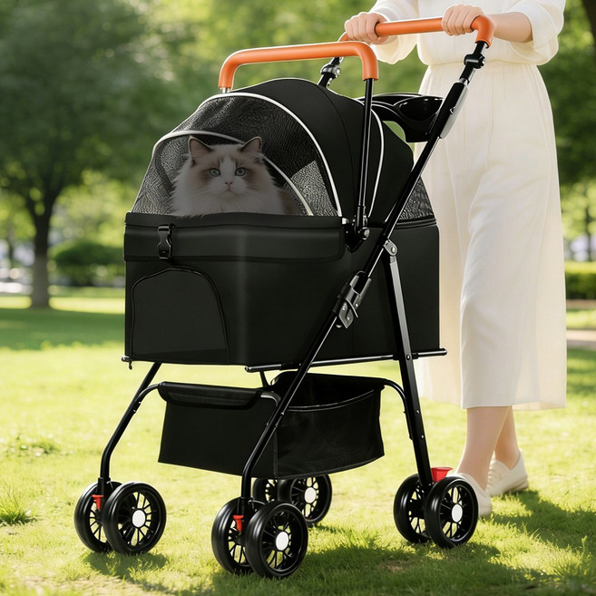 분리형 강아지 유모차 고양이 반려동물 카시트 겸용 원터치 폴딩 애견 이동 카트 중소형견 감성 나들이 / 산책 접이식 개모차, 1개, 블랙