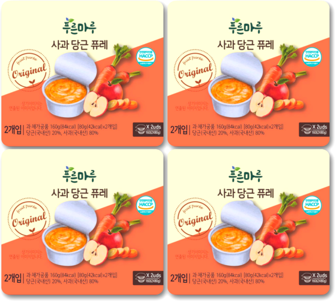 푸른마루 당 낮은 국산 유기농 실온 아기 퓨레 80gX2개입, 160g, 4개, 사과당근