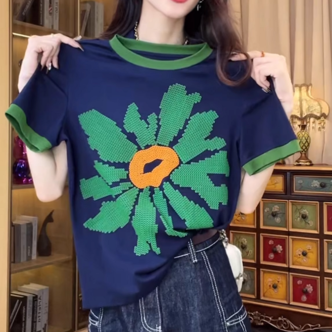 [쉬즈본] 데밈상의/여성 배색 반팔티 캐주얼 로고 루즈핏 네이비 여름 티셔츠