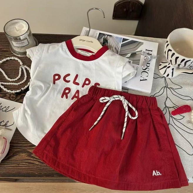 여누키즈 여아용 티셔츠 레드 스커트 2종 세트 상하복100~140 키즈 주니어 여름 상하의 세트