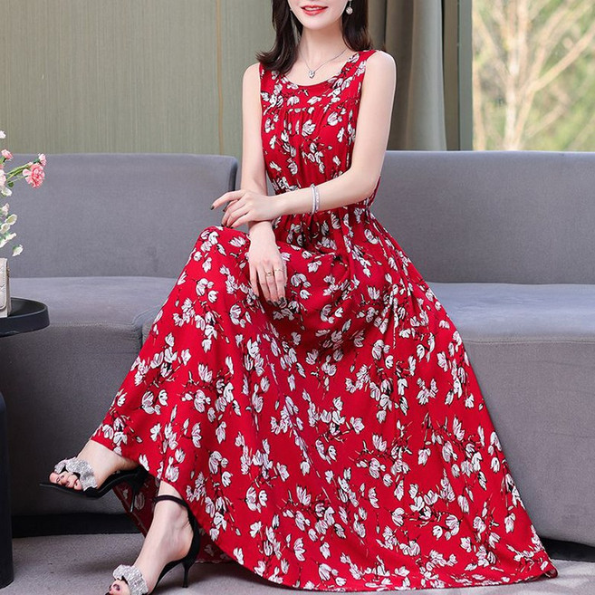 ORZQU 여성 여름 롱 원피스 라운드 꽃무늬 나시원피스 슬림핏 중년여성 민소매 원피스
