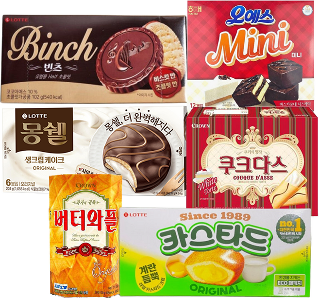 사무실 간식 6종 세트 단체간식 몽쉘 버터와플 빈츠 오예스미니 카스타드 쿠크다스화이트, 1세트, 과자6종
