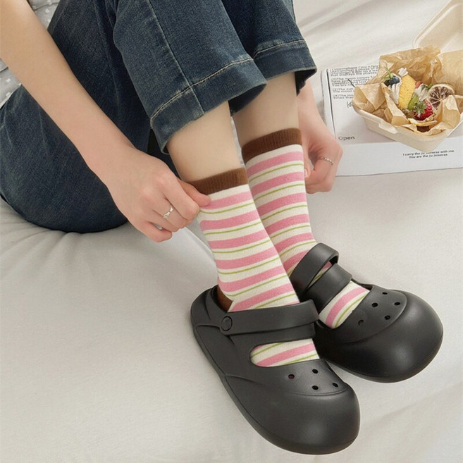 Guokr Store 여성 컬러 스트라이프 중목양말 유니크 패션 4켤레 세트 사이즈 23-25cm