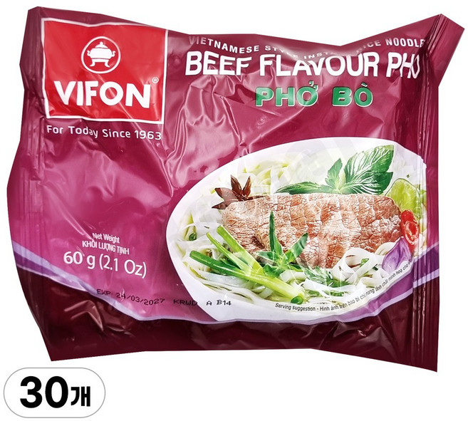 비폰 포보 베트남 쌀국수 즉석라면 소고기맛, 60g, 30개