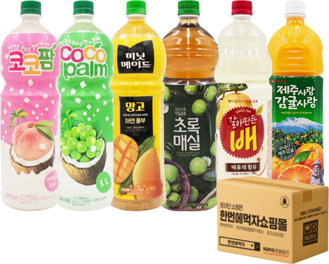 [한번에먹자] 1.5L 과즙음료 6종 혼합세트 ( 코코팜복숭아 + 코코팜포도 + 망고 + 초록매실 + 갈아만든배 + 제주감귤 ) 업소용 사무실음료 가정용 식자재, 6개