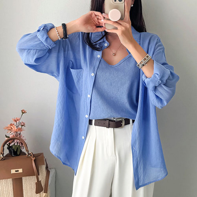 [나크21] 1+1 씨스루 블라우스+린넨나시 SET 여성 빅사이즈 NK51-SETS-16