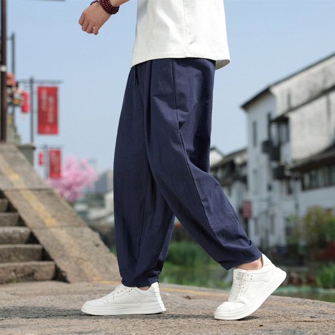 棉麻休閒褲 男士寬鬆 中國風 透氣 夏季 太極訓練 燈籠褲 漢服風格 棉質 舒適+藏青色+2XL