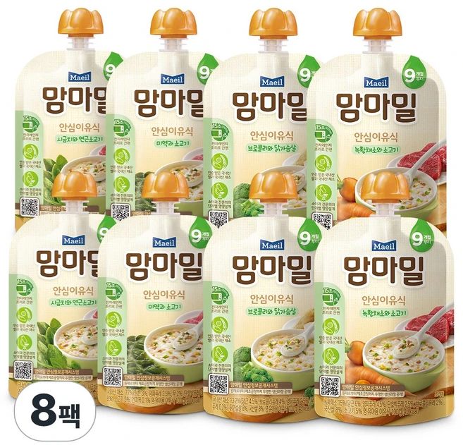 [로적마켓] 매일유업 맘마밀 9개월 4종 7개입 (미역소고기 2 + 녹황채소 소고기 2 + 브로콜리와 닭가슴살 2 + 시금치와 연근 소고기 1), 미역과 소고기 + 녹황채소와  소고기 + 브로콜리와 닭가슴살 + 시금치와 연근, 소고기, 1세트, 100g - 쿠팡