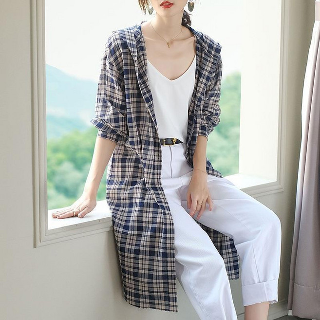 格子襯衫外套 薄休閒長款純棉襯衫女設計感小眾輕熟夏天全棉連帽冷鋒衣防曬衣外套薄