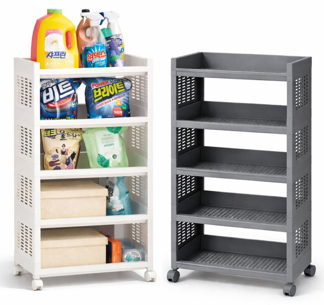 헤이미샤 이동식 트롤리 수납 정리 선반 와이드 4단/5단, 와이드 5단(화이트)