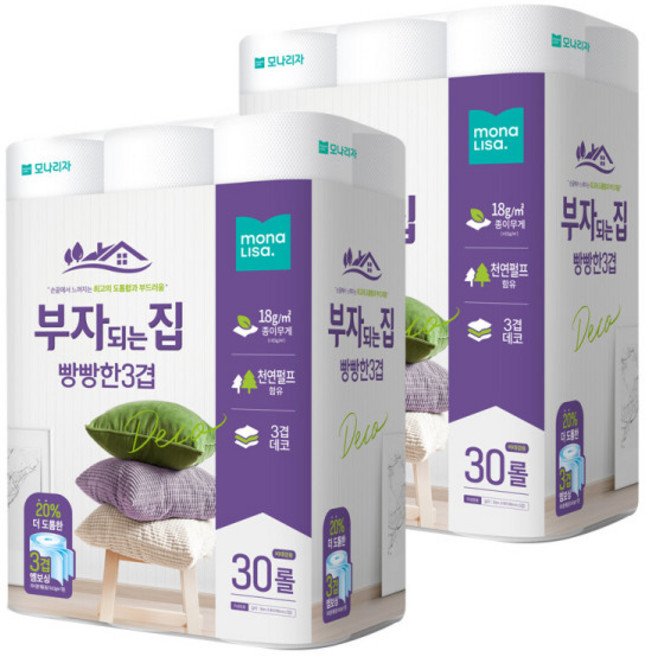 빵빵 부드러운 30롤2팩 집들이 부자되는집 비데 3겹 30m, 30