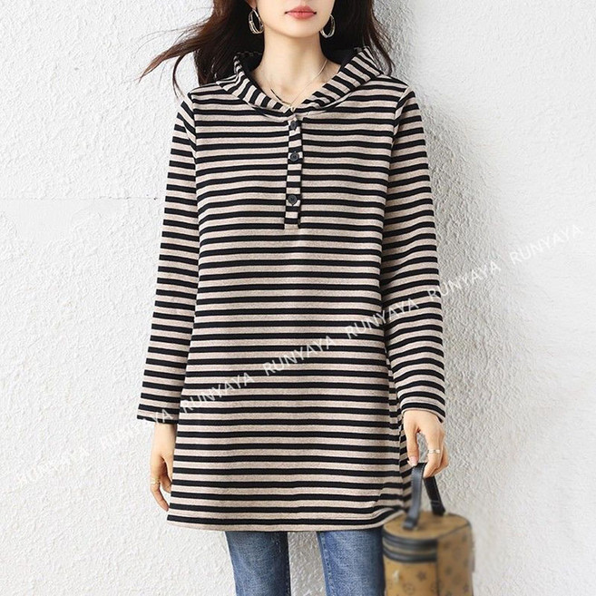 RUNYAYA 후드티셔츠 여성 체크 긴팔티 날씬해보이는 롱티 간절기 빅사이즈 150kg까지 티셔츠 상의 ~3xl까지