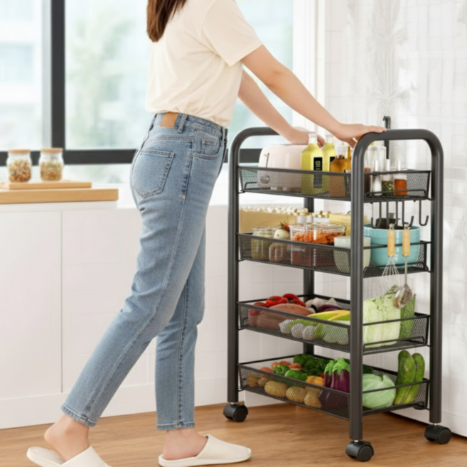 Plitol 메탈 트롤리 선반, 블랙, 4단