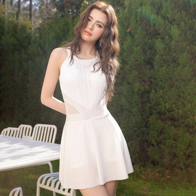 連體泳衣 女士保守 微胖肚顯瘦 白色 水上樂園 牛奶絲面料, 白色,S80 90