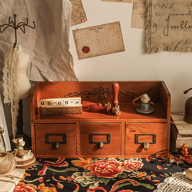 미니 엔틱 원목 3칸 책상 정리함 다용도 소품 보관함 인테리어 수납장, 3단