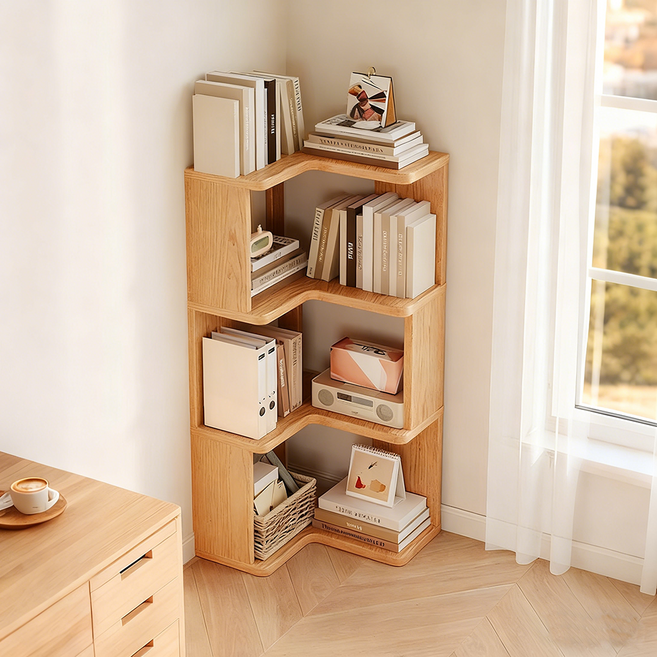 다용도 코너 책장 북쉘프 거실 침실 인테리어 수납 선반, 3단, 월넛색