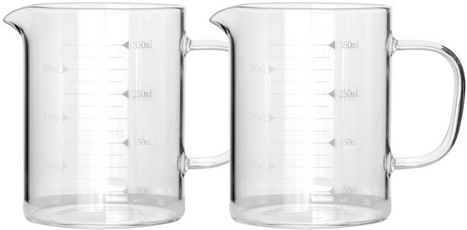 [강도테스트 완료] 강화유리 계량컵 2개입 세트 직화용 비커 컵 내열 계량 유리컵, 2개, 350ml, 단일