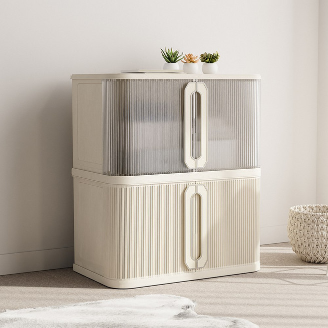 홈비 양문형 슬라이딩 도어 적층형 리빙박스, 1개, 아이보리