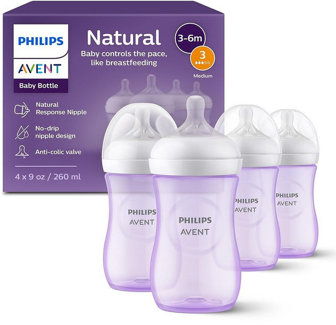 141163 Philips Avent 천연 반응 젖꼭지가 있는 아기 젖병 바다 디자인 266ml(9온스) 4팩 SCY903/68, 255g(9온스), 퍼플