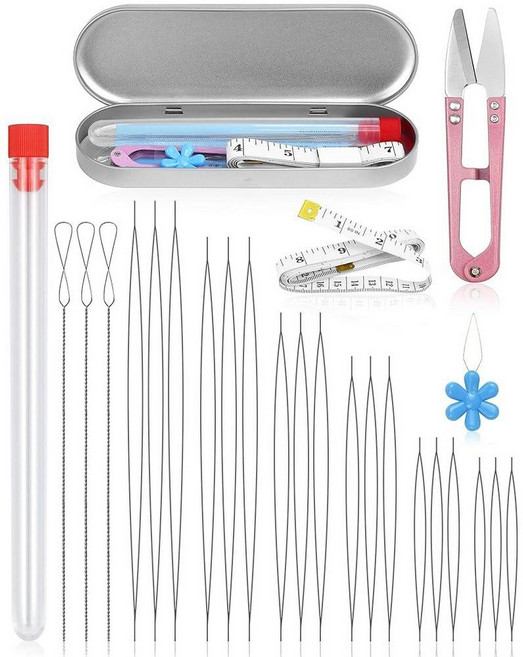 FIVEIZERO 87피스 비즈 바늘 세트 - 3가지 유형: 6가지 사이즈 빅 아이 시드 비즈 바늘 및 6가지 사이즈 롱 스트레이트 접을 수 있는 트위스트 유연한 바늘 주얼, Sliver-21PCS