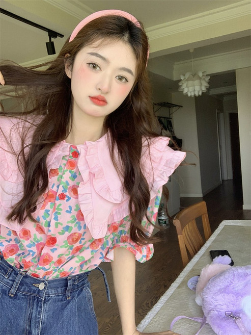 여성 세라 세일러 프릴 빅카라 플라워 장미꽃 꽃무늬 퍼프 벌룬소매 러블리 반팔블라우스