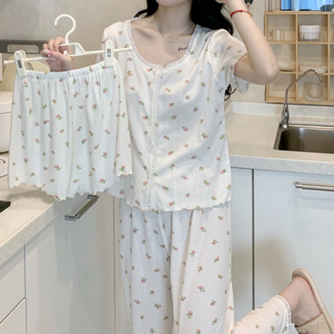 소랜디 순면 여름 쓰리피스 잠옷 4COLOR 반팔 반바지 긴바지 홈웨어 여성 파자마