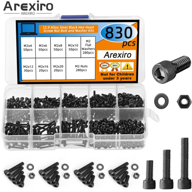 830pcs M2 볼트 호환 키트 M2x4/6/8/10/12/16/20mm 기계 나사 12.9 합금강 검정 육각 머리 너트 와셔 세트, 01 830pcs