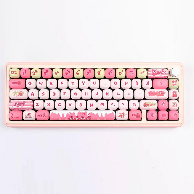 漫步貓 QMK65 機械鍵盤 三模連接 Gasket結構 RGB燈光, 1個, QMK65粉色+mog草莓熊【送刷子】厚潤ktt酒紅軸【麻將音】