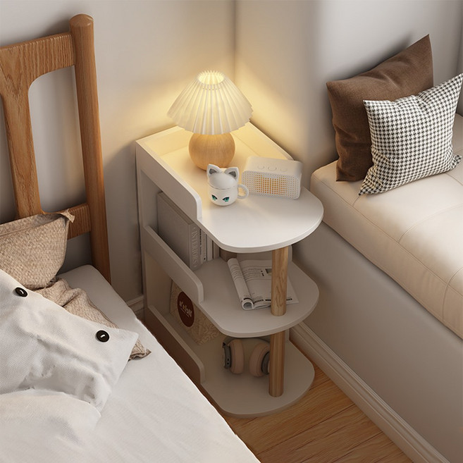 暖白色三層邊桌 收納櫃 48*30*72CM, 三層橡膠木色, 1件