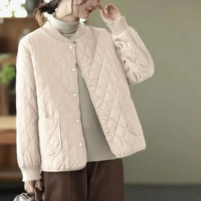 菱格輕薄寬鬆棉服外套 - 韓版氣質秋冬季休閒保暖百搭