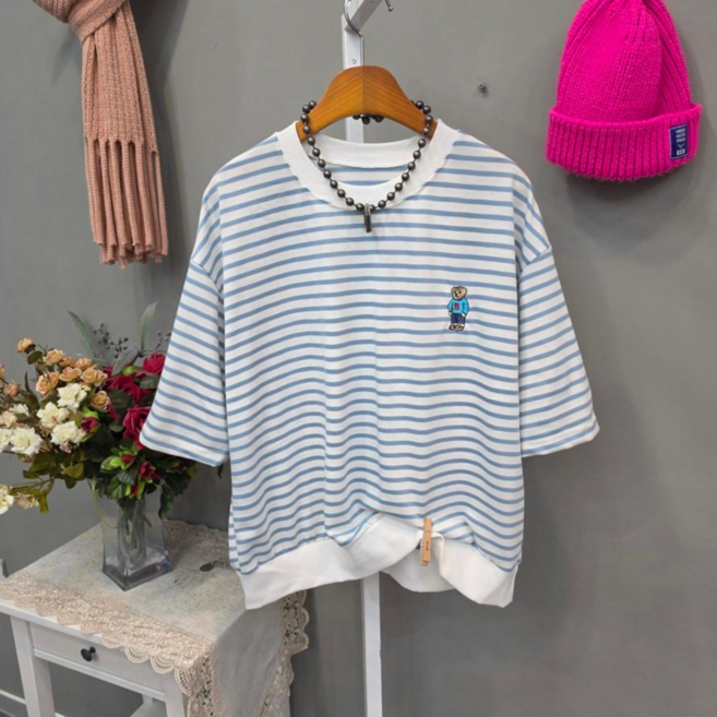 곰자수 미니 스트라이프 반팔맨투맨