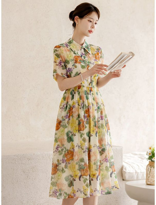 시크라인(~XXL까지) 누베린 카라 핀턱 플레어 플라워 리본 원피스 여름 하객룩 오피스룩 데이트 모임 미시 빅사이즈